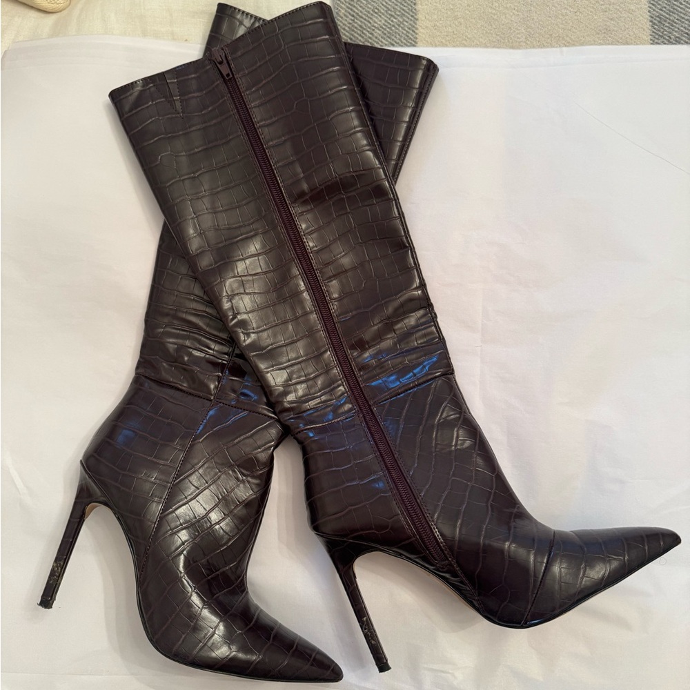 Croc-Embossed Knee-High Boots